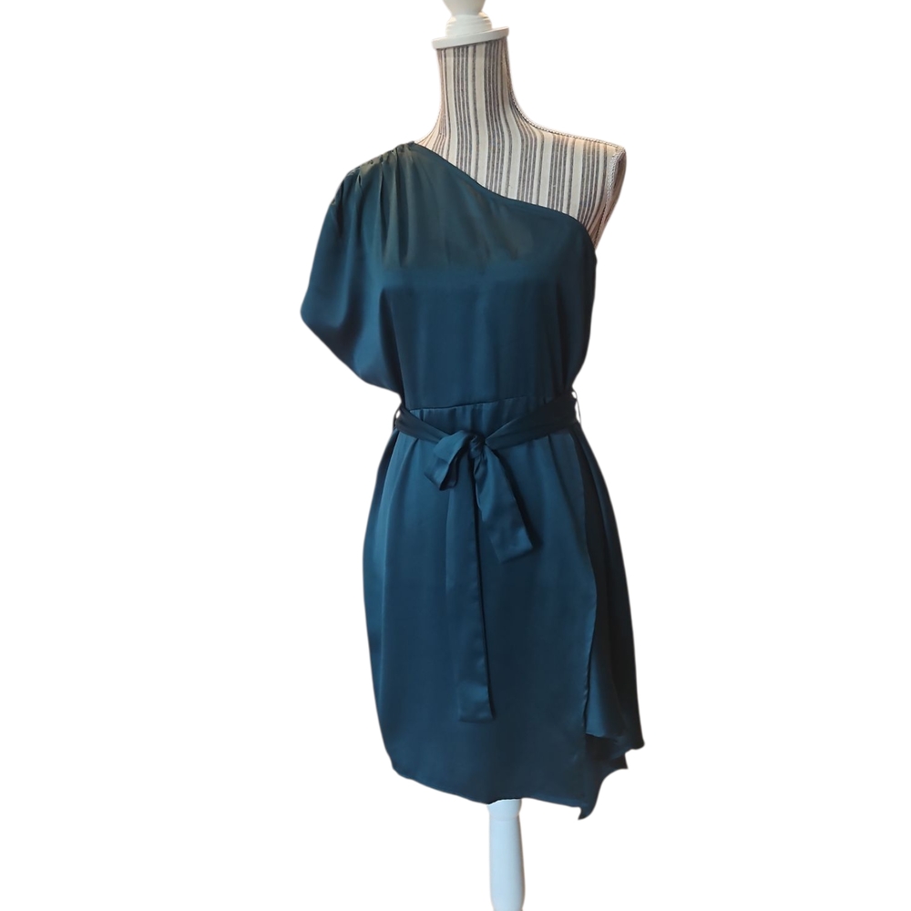 STREET9 Woman One-Shoulder Wraped Around Skirt Teal Green Mini Satin Dress SizeL